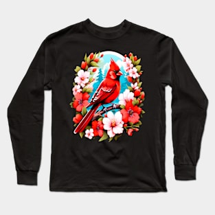 Cute Northern Cardinal Surrounded by Vibrant Spring Flowers Long Sleeve T-Shirt